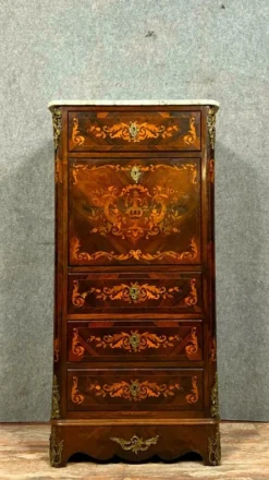 Pamono Ladys Secretary in Noble Wood Marquetry Depicting Floral Scrolls and Vase Best