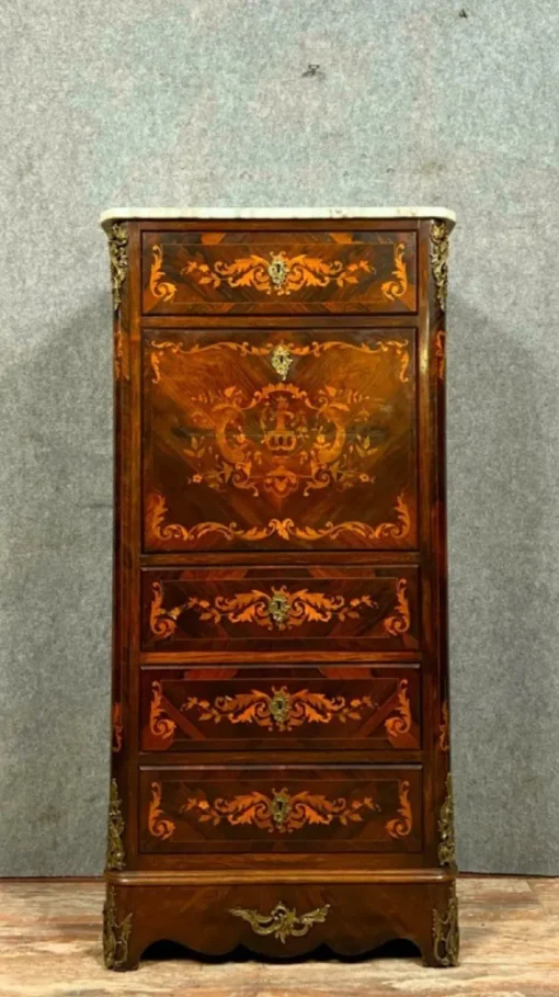 Pamono Ladys Secretary in Noble Wood Marquetry Depicting Floral Scrolls and Vase Best