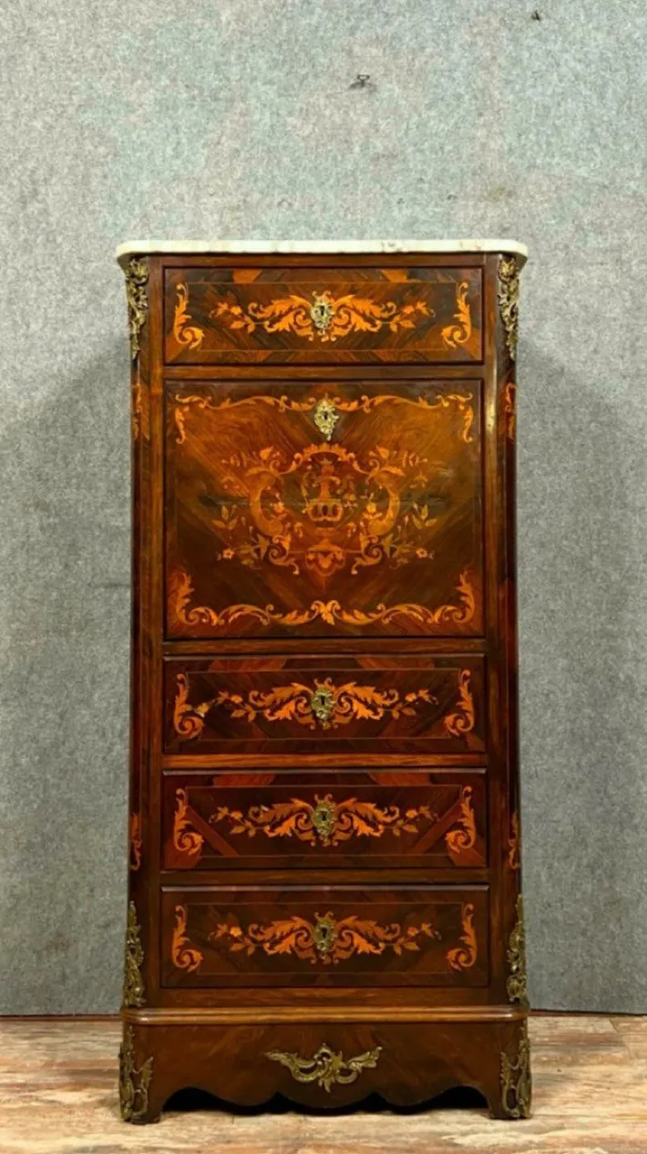 Pamono Ladys Secretary in Noble Wood Marquetry Depicting Floral Scrolls and Vase Best