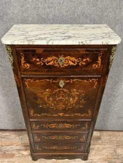 Pamono Ladys Secretary in Noble Wood Marquetry Depicting Floral Scrolls and Vase Best