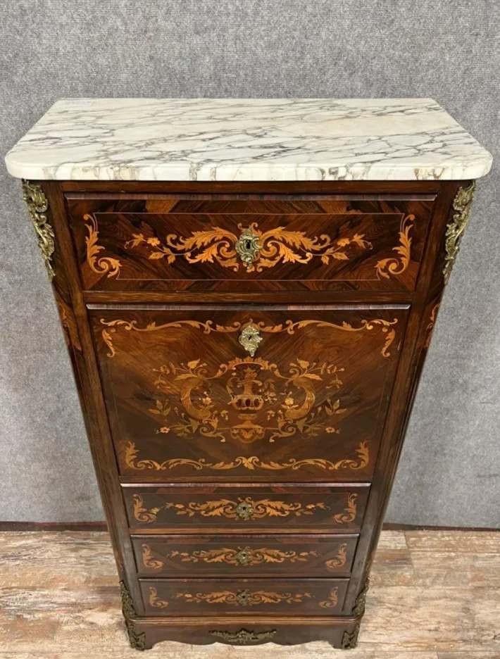 Pamono Ladys Secretary in Noble Wood Marquetry Depicting Floral Scrolls and Vase Best