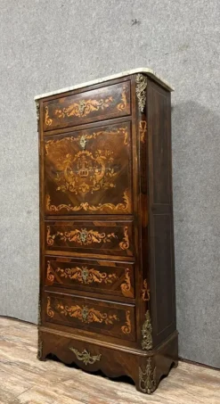 Pamono Ladys Secretary in Noble Wood Marquetry Depicting Floral Scrolls and Vase Best