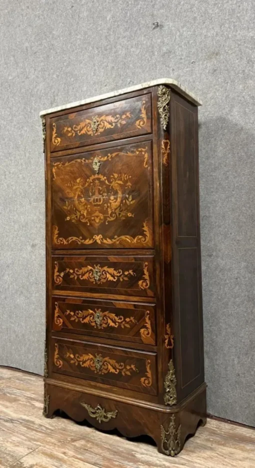 Pamono Ladys Secretary in Noble Wood Marquetry Depicting Floral Scrolls and Vase Best