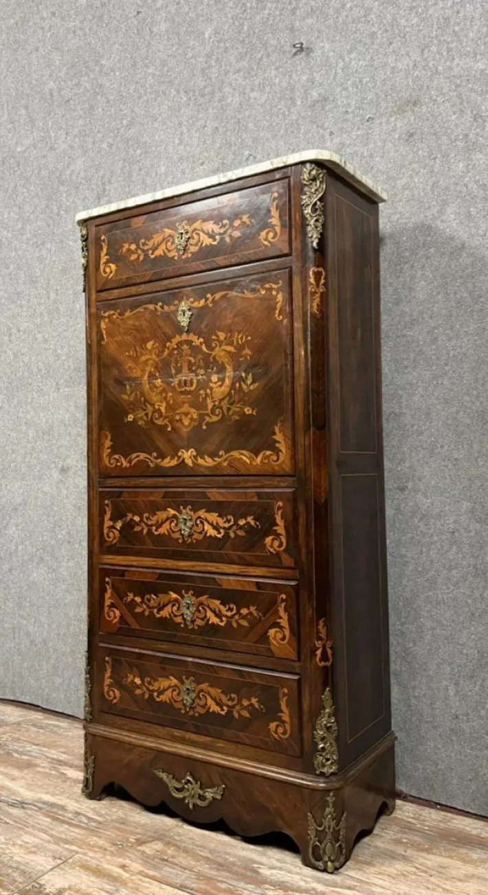 Pamono Ladys Secretary in Noble Wood Marquetry Depicting Floral Scrolls and Vase Best