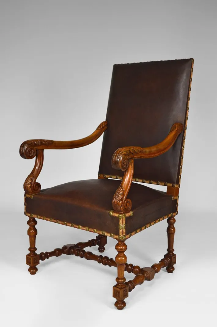 Pamono Large Antique Louis XIII Style Leather and Carved Walnut Desk Chair, 1860s Best