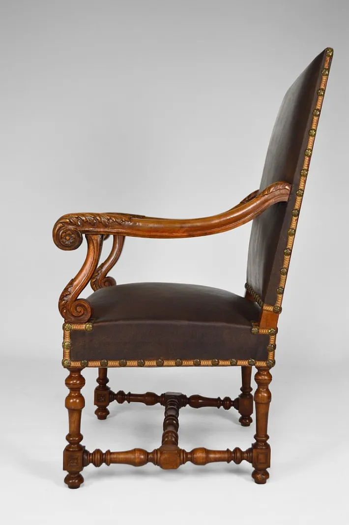 Pamono Large Antique Louis XIII Style Leather and Carved Walnut Desk Chair, 1860s Best