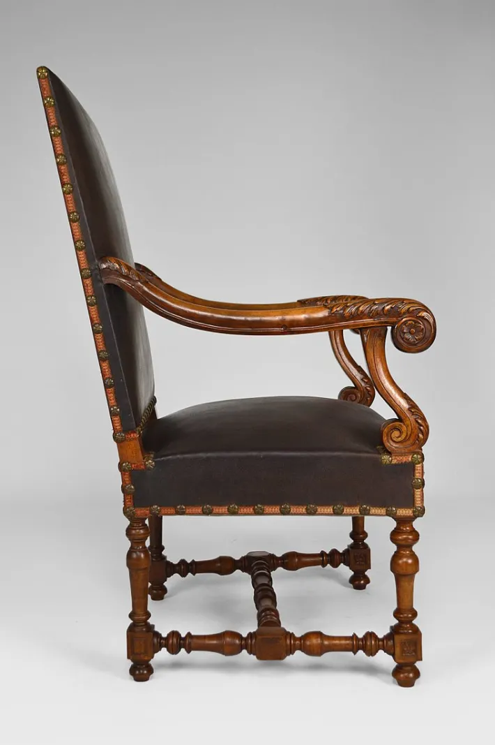 Pamono Large Antique Louis XIII Style Leather and Carved Walnut Desk Chair, 1860s Best