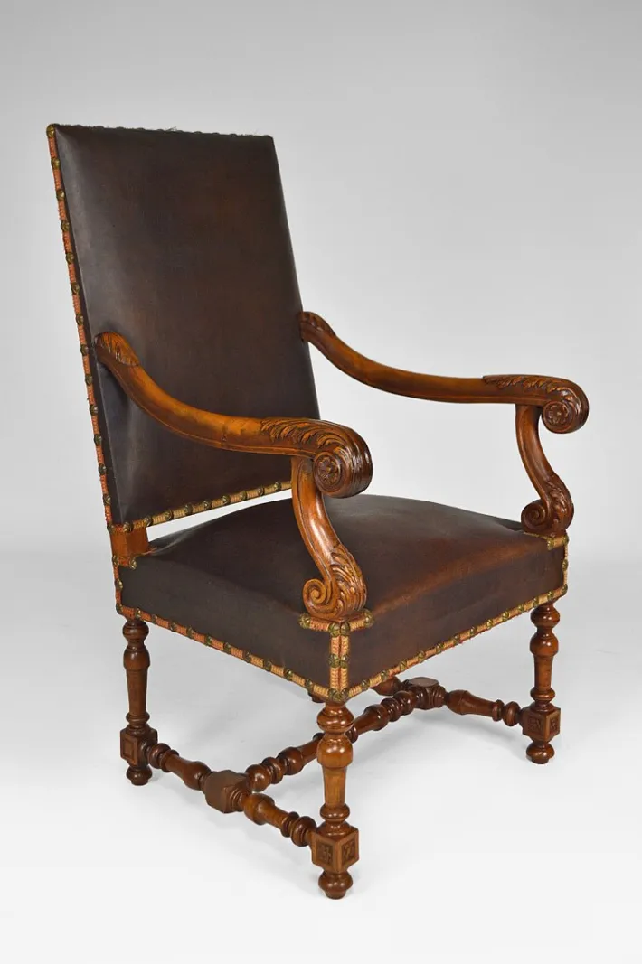 Pamono Large Antique Louis XIII Style Leather and Carved Walnut Desk Chair, 1860s Best