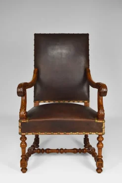 Pamono Large Antique Louis XIII Style Leather and Carved Walnut Desk Chair, 1860s Best
