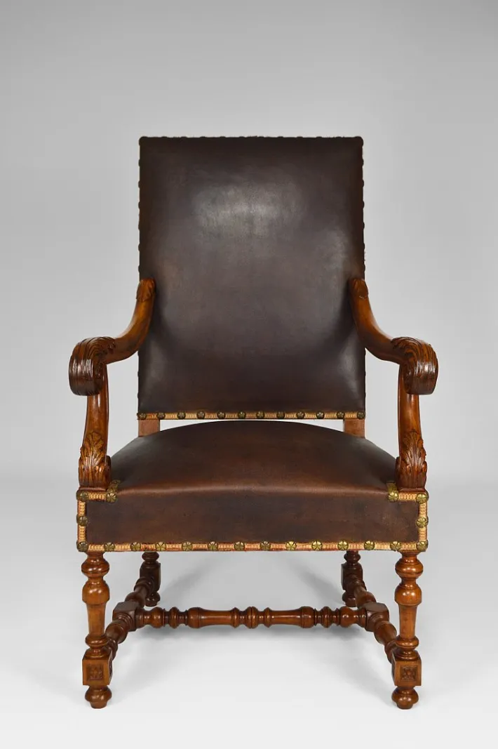 Pamono Large Antique Louis XIII Style Leather and Carved Walnut Desk Chair, 1860s Best
