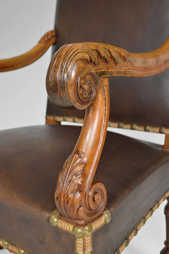 Pamono Large Antique Louis XIII Style Leather and Carved Walnut Desk Chair, 1860s Best