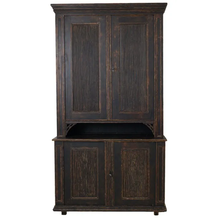 Pamono Large Antique Northern Swedish Gustavian Rustic Black Cabinet in Pine Clearance