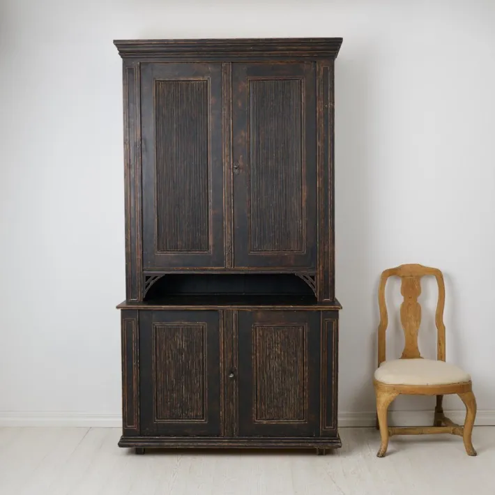 Pamono Large Antique Northern Swedish Gustavian Rustic Black Cabinet in Pine Clearance