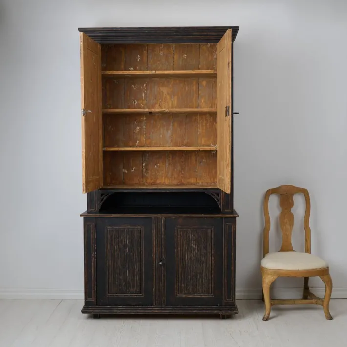 Pamono Large Antique Northern Swedish Gustavian Rustic Black Cabinet in Pine Clearance