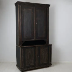 Pamono Large Antique Northern Swedish Gustavian Rustic Black Cabinet in Pine Clearance