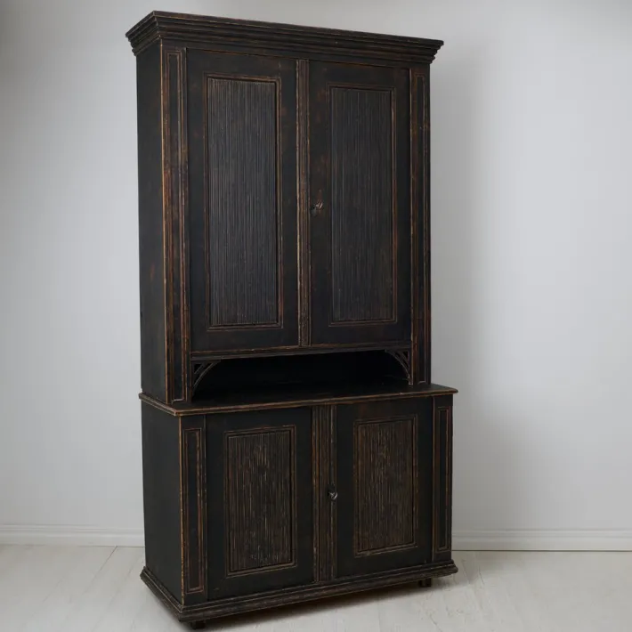 Pamono Large Antique Northern Swedish Gustavian Rustic Black Cabinet in Pine Clearance