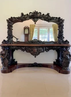 Pamono Large Antique Victorian Console Table in Carved Mahogany with Mirror Back Outlet
