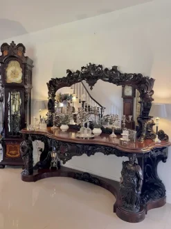 Pamono Large Antique Victorian Console Table in Carved Mahogany with Mirror Back Outlet