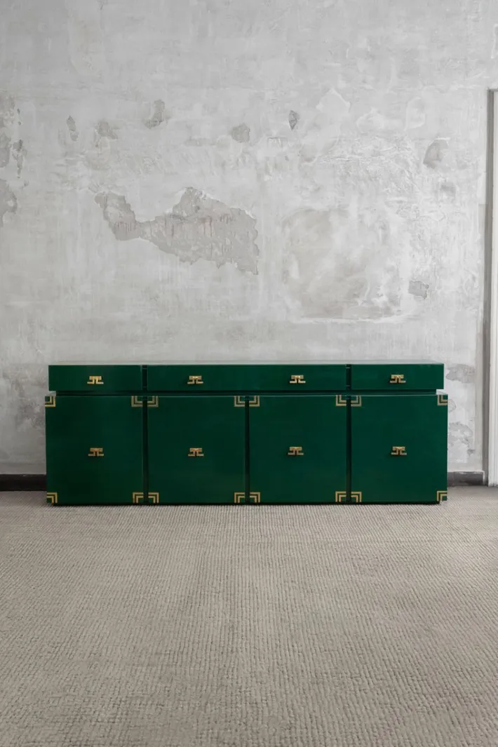 Pamono Large Dark Green Lacquered Wood Sideboard with Brass Details, 1980s Best