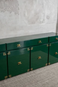 Pamono Large Dark Green Lacquered Wood Sideboard with Brass Details, 1980s Best