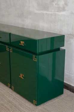 Pamono Large Dark Green Lacquered Wood Sideboard with Brass Details, 1980s Best