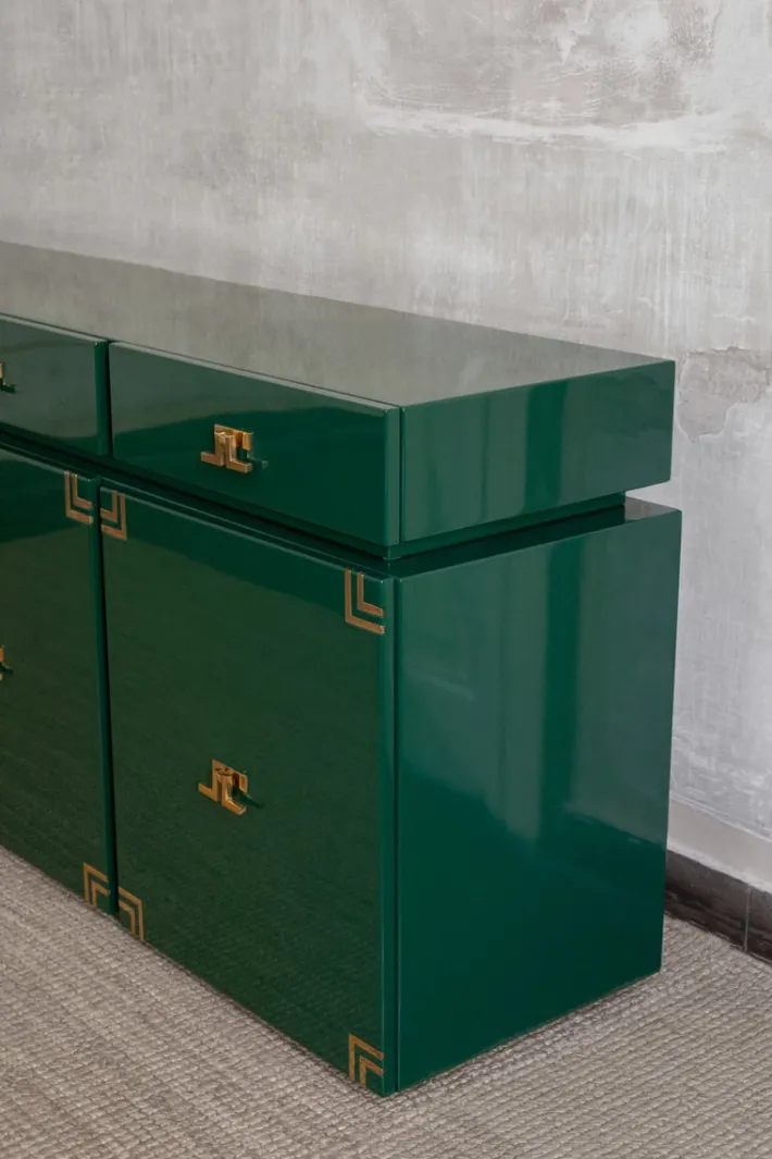 Pamono Large Dark Green Lacquered Wood Sideboard with Brass Details, 1980s Best