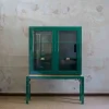 Pamono Large Display Cabinet in Green Lacquered Wood with Brass Details, 1980s Outlet