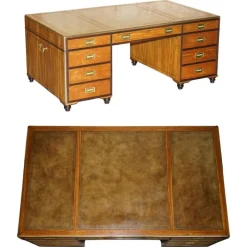 Pamono Large Double Sided Military Campaign Twin Pedestal Desk New