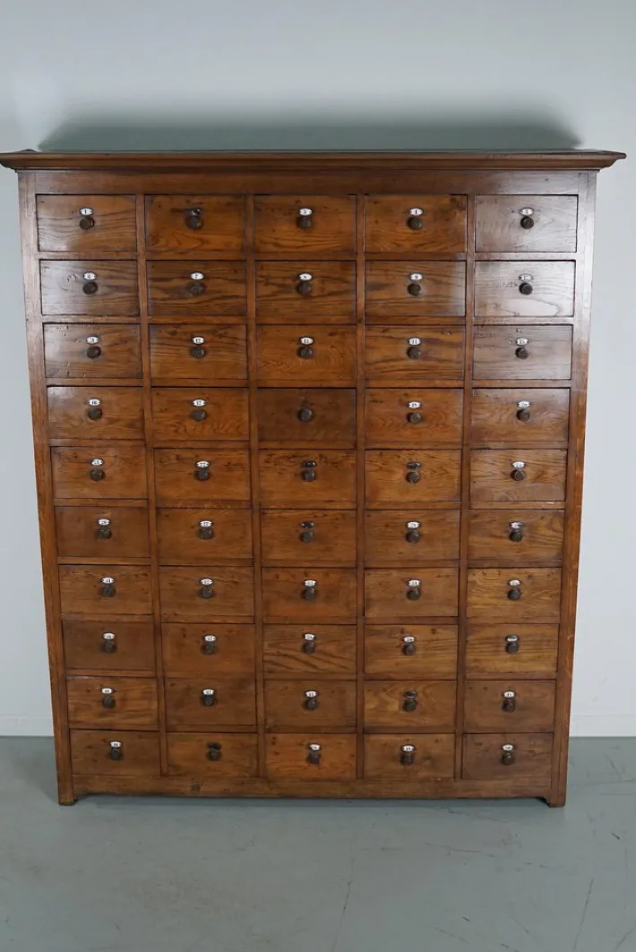 Pamono Large Dutch Oak Apothecary Cabinet with Enamel Shields, 1900s New
