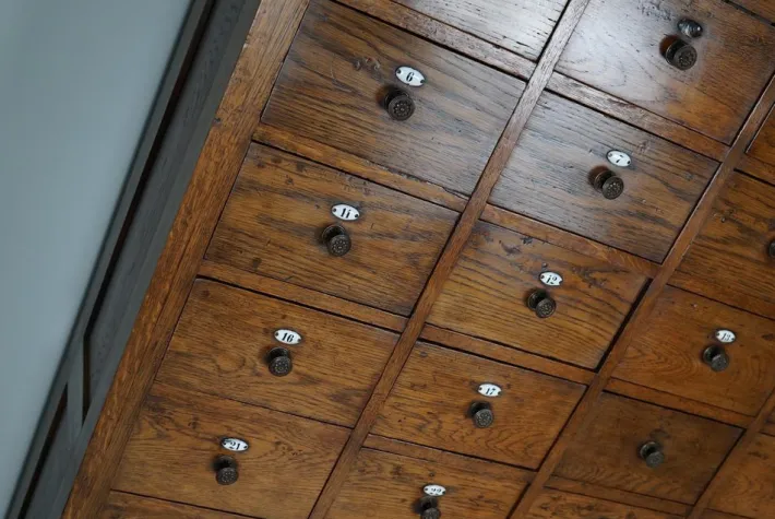 Pamono Large Dutch Oak Apothecary Cabinet with Enamel Shields, 1900s New