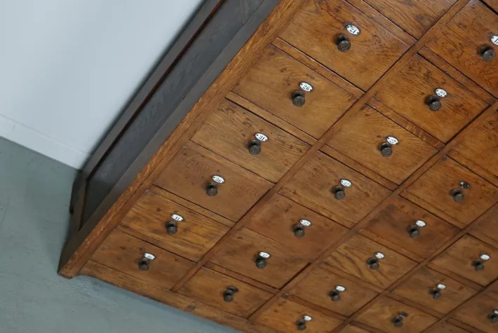 Pamono Large Dutch Oak Apothecary Cabinet with Enamel Shields, 1900s New