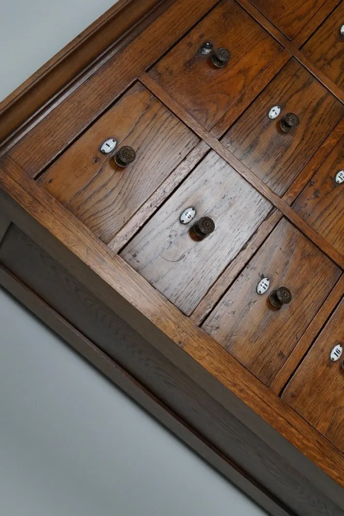 Pamono Large Dutch Oak Apothecary Cabinet with Enamel Shields, 1900s New