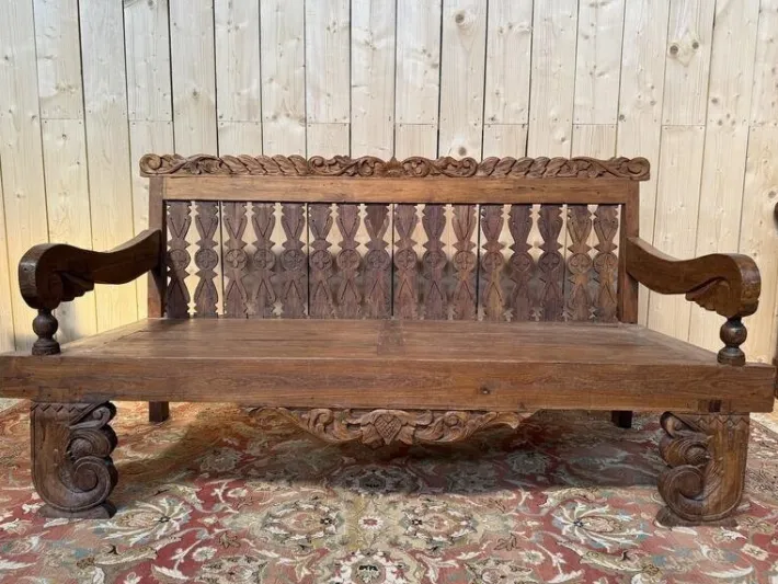 Pamono Large Indonesian Garden Bench in Carved Walnut Outlet