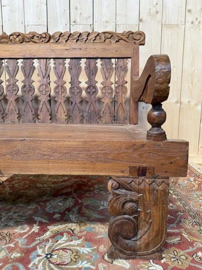 Pamono Large Indonesian Garden Bench in Carved Walnut Outlet
