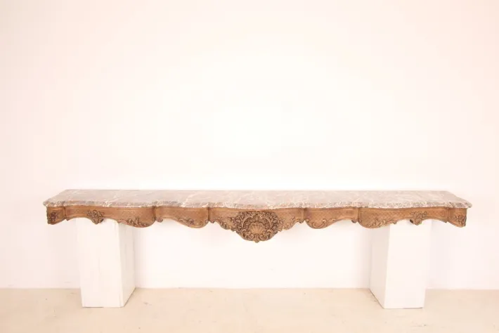 Pamono Large Liégeoise Carved Oak and Marble Wall-Mounted Console, Late 19th Century New