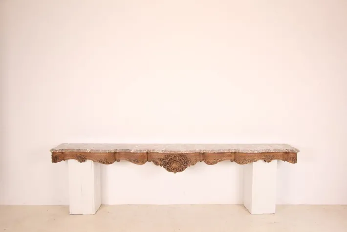 Pamono Large Liégeoise Carved Oak and Marble Wall-Mounted Console, Late 19th Century New