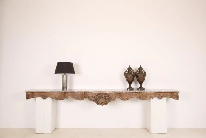 Pamono Large Liégeoise Carved Oak and Marble Wall-Mounted Console, Late 19th Century New