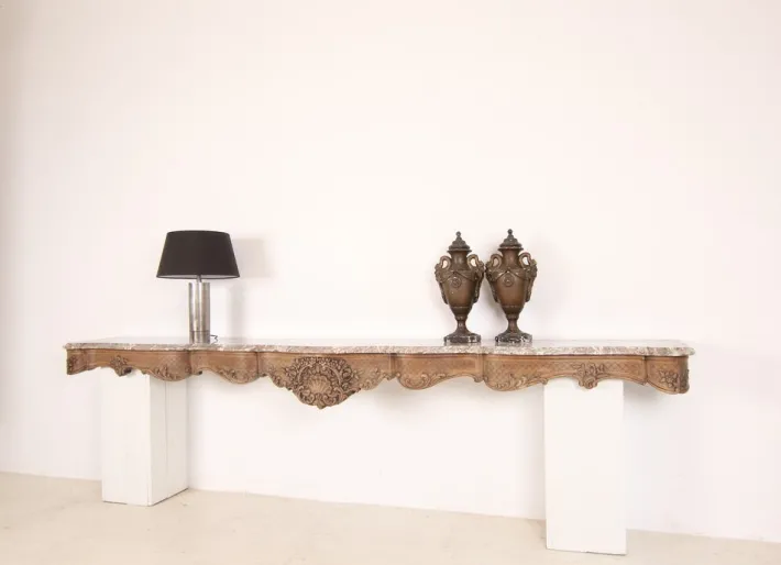 Pamono Large Liégeoise Carved Oak and Marble Wall-Mounted Console, Late 19th Century New