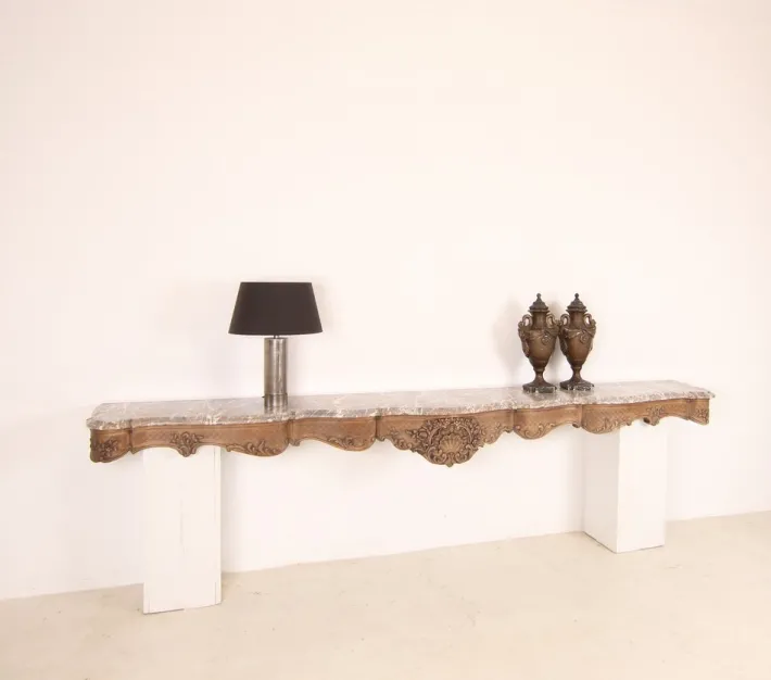 Pamono Large Liégeoise Carved Oak and Marble Wall-Mounted Console, Late 19th Century New