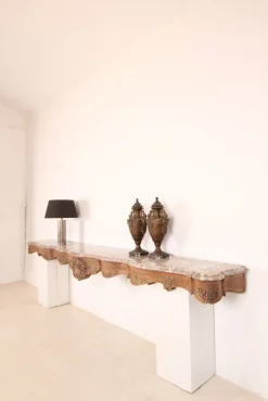Pamono Large Liégeoise Carved Oak and Marble Wall-Mounted Console, Late 19th Century New