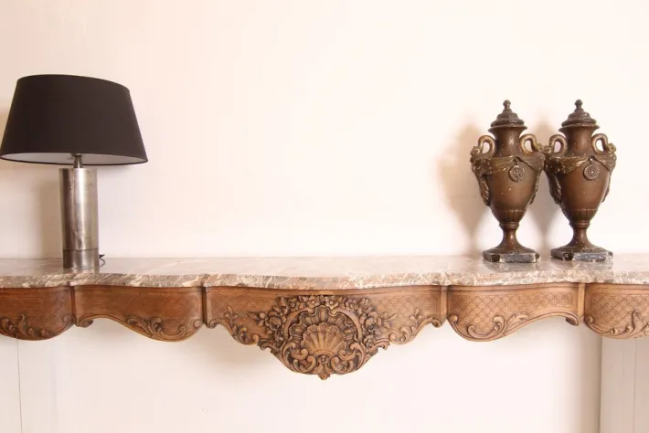 Pamono Large Liégeoise Carved Oak and Marble Wall-Mounted Console, Late 19th Century New