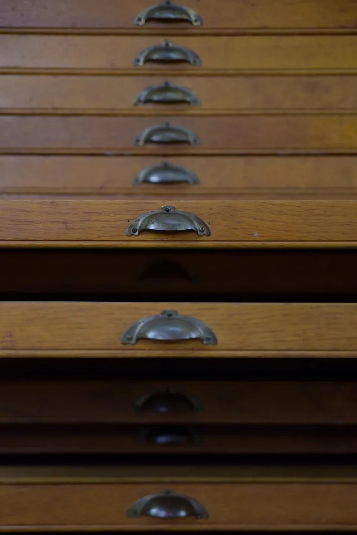 Pamono Large Vintage Industrial Oak File Cabinet with Multiple Drawers, 1930s