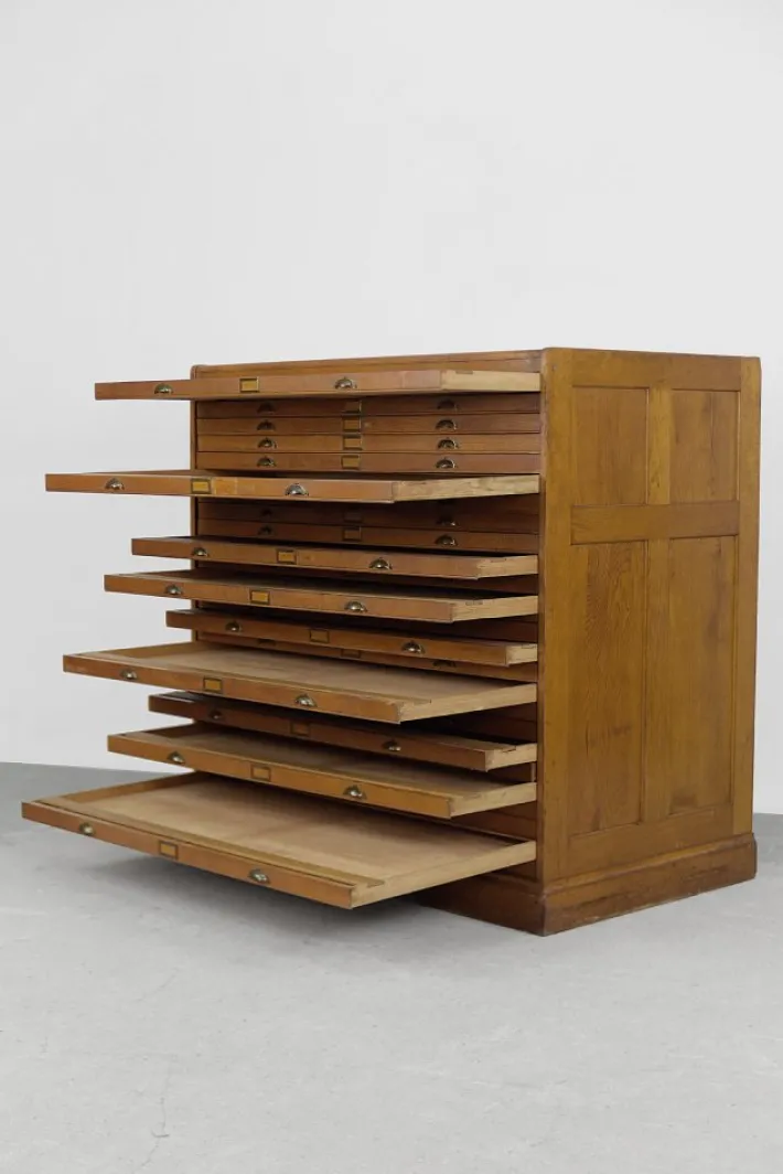 Pamono Large Vintage Industrial Oak File Cabinet with Multiple Drawers, 1930s