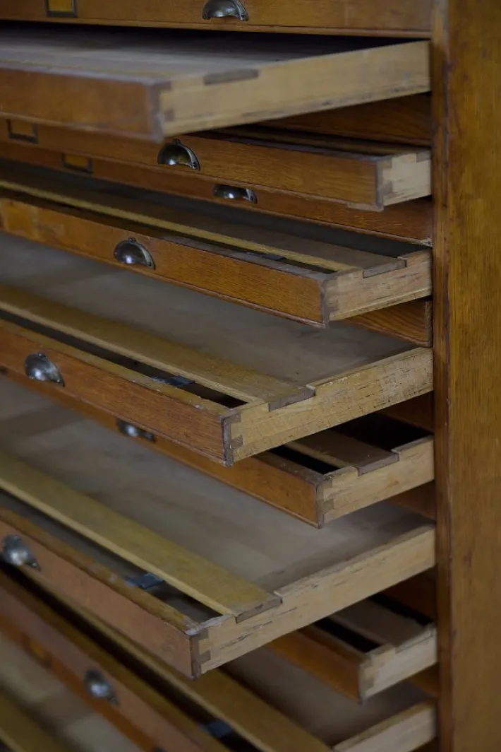 Pamono Large Vintage Industrial Oak File Cabinet with Multiple Drawers, 1930s