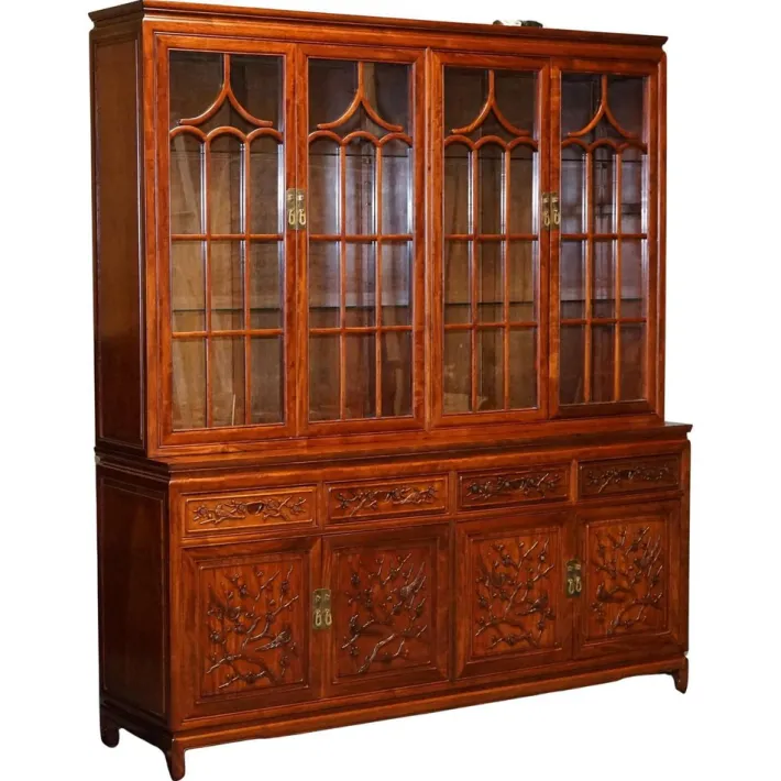 Pamono Large Vintage Oriental Chinese Carved Bookcase Display Cabinet with Lights New
