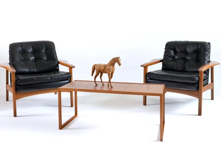 Pamono Leather Armchairs with Teak Frames, 1960s, Set of 2