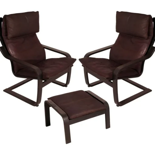 Pamono Leather Poäng Chairs & Footrest by Noboru Nakamura for IKEA, 1990s, Set of 3 Online