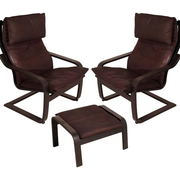 Pamono Leather Poäng Chairs & Footrest by Noboru Nakamura for IKEA, 1990s, Set of 3 Online