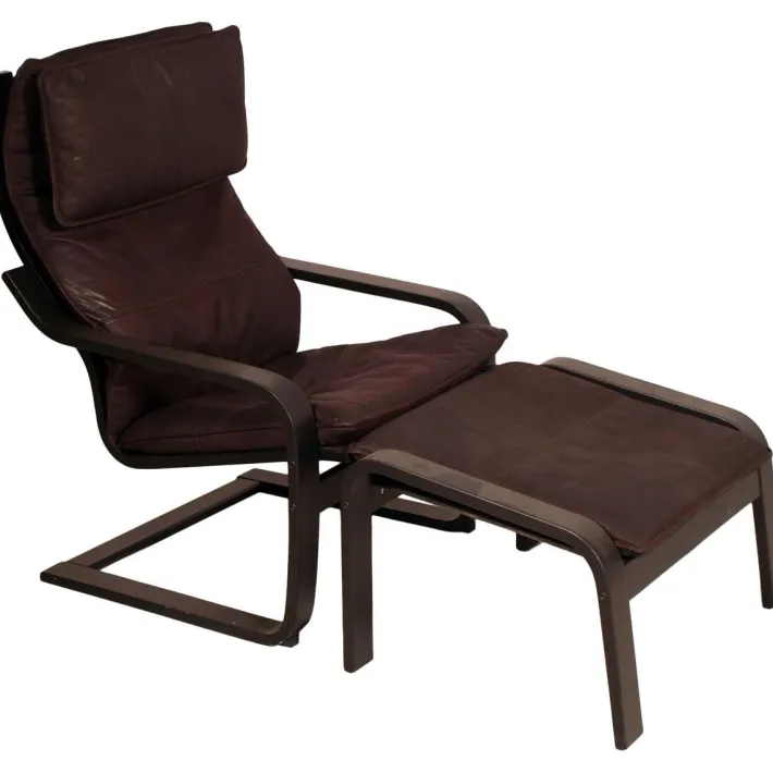 Pamono Leather Poäng Chairs & Footrest by Noboru Nakamura for IKEA, 1990s, Set of 3 Online