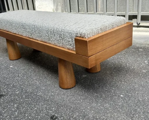 Pamono Light Wood Bench with Conical Legs and Grey Bouclé Fabric Sides, 2000s Outlet